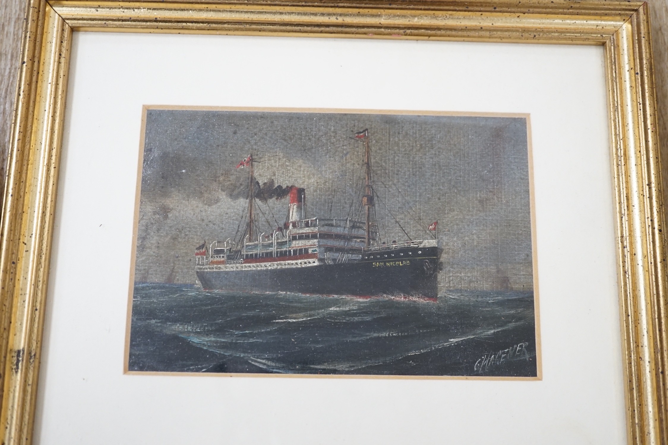C. Hagener, oil on card, Steamship 'St Nicholas', signed, 10 x 15.5cm and a colour print after Birket-Foster of figures beside a tree